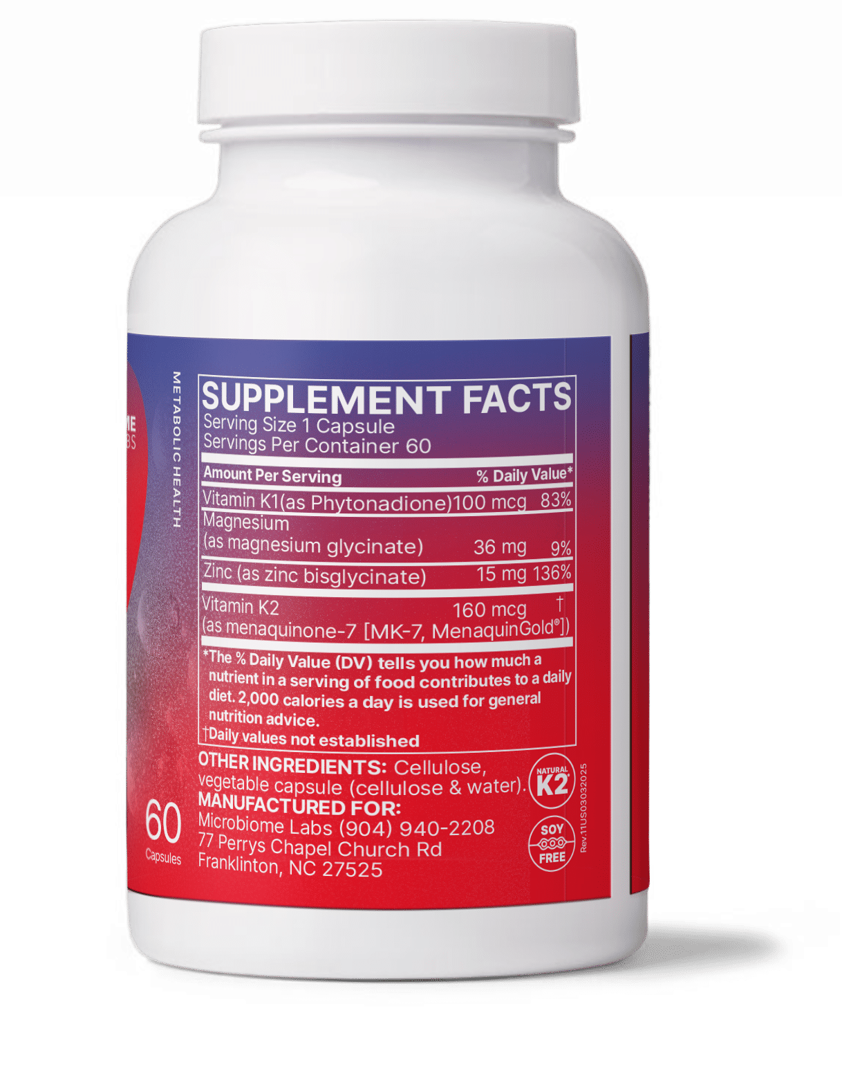 Microbiome Labs MegaQuinone K2-7 label with vitamin K2-7 dosage & ingredients