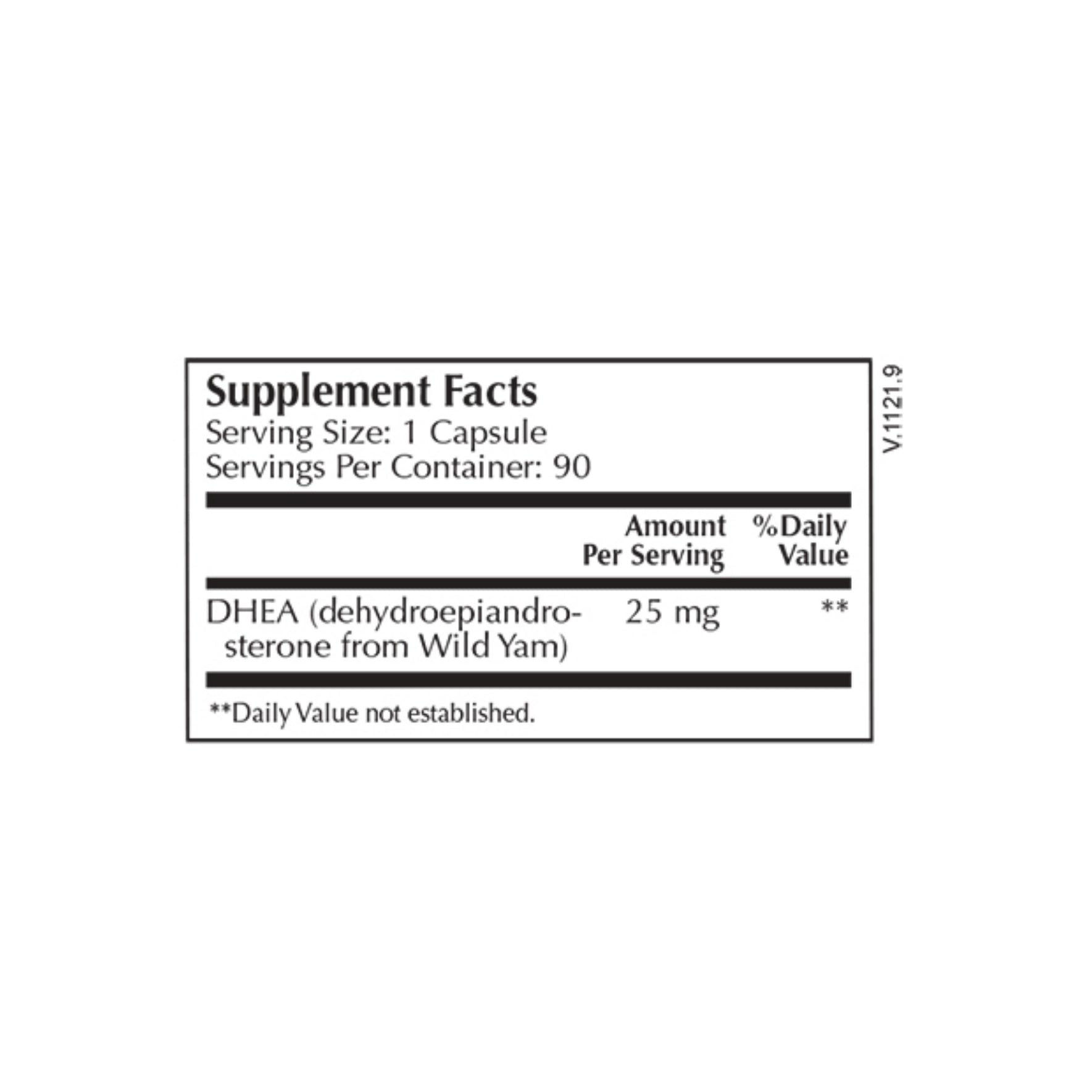 Moss Nutrition DHEA 25 mg bottle showing supplement packaging and branding