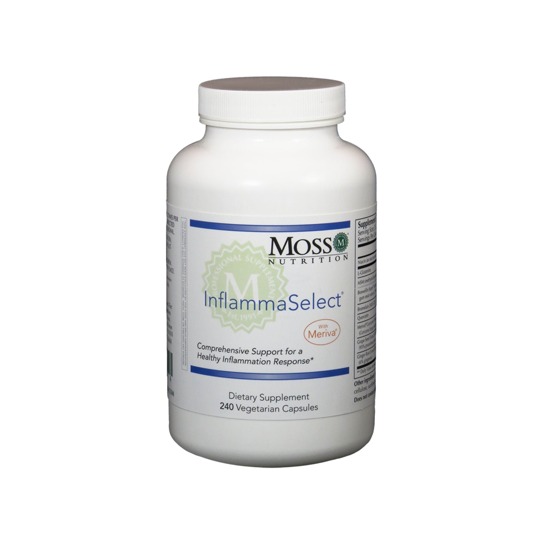 Moss Nutrition InflammaSelect bottle showing supplement packaging and branding
