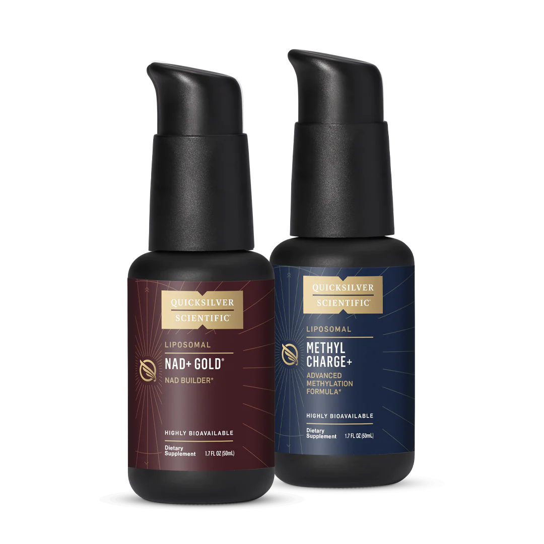 QUICKSILVER NAD+ Gold® and Methyl Charge+® bundle displaying anti-aging and energy-supporting ingredients with recommended servings