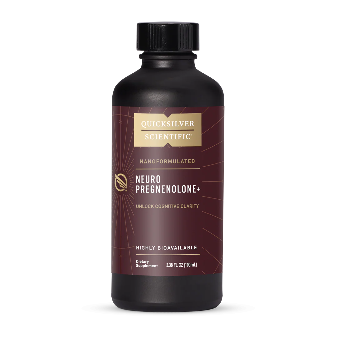QUICKSILVER Neuro Pregnenolone+ bottle showing brain-supporting nutrients and serving size