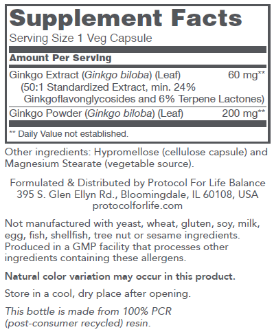 PROTOCOL FOR LIFE Ginkgo Biloba 60 mg/24% Plus NEW!