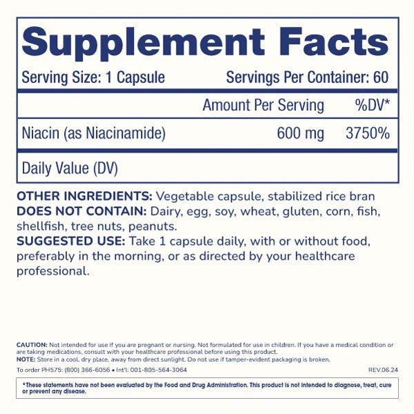 ProHealth Niacinamide Flush-Free Vitamin B3 - 600 mg, 60 capsules
