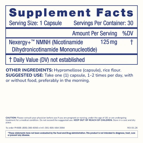 ProHealth Essentials NMNH 125 - Nexergy+™ NMNH - 125 mg, 30 capsules