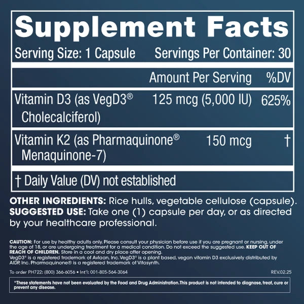 ProHealth Vitamin D3 + K2 - 5,000 IU, 30 capsules