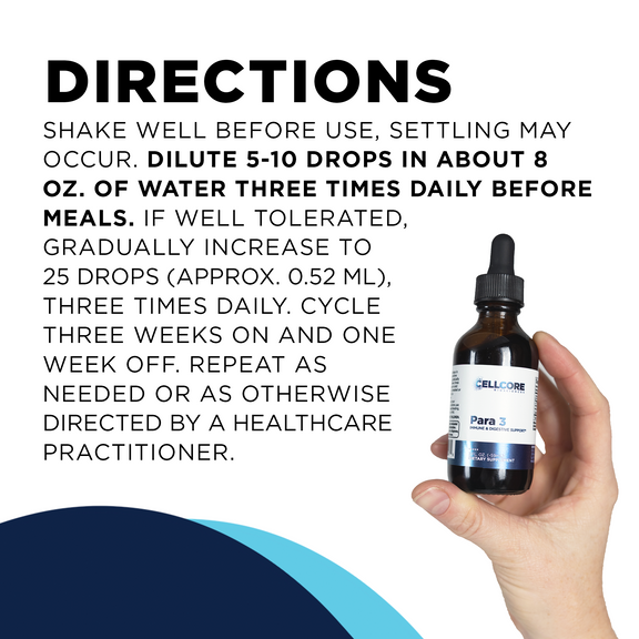 CellCore Biosciences Para 3 label displaying active compounds and recommended usage instructions