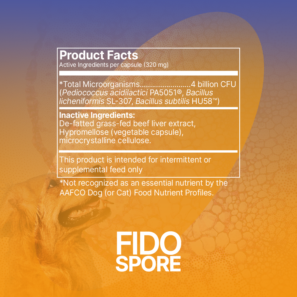 Microbiome Labs FidoSpore label with probiotic strains & dosage