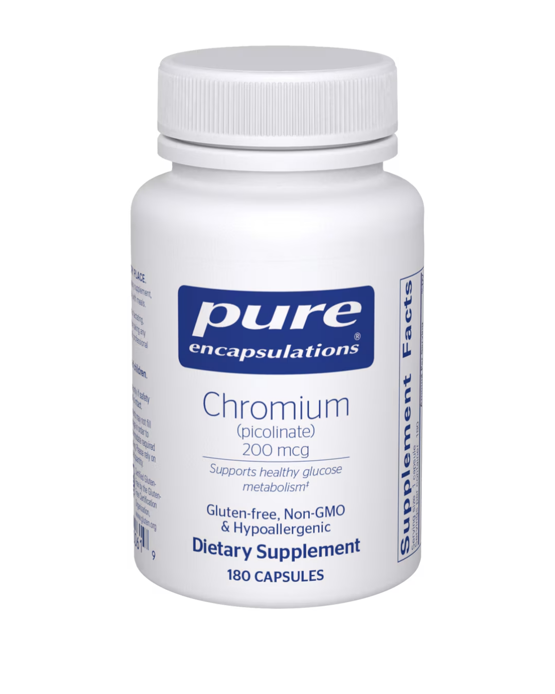 Pure Encapsulations Chromium picolinate 200 mcg label showing supplement facts and usage information