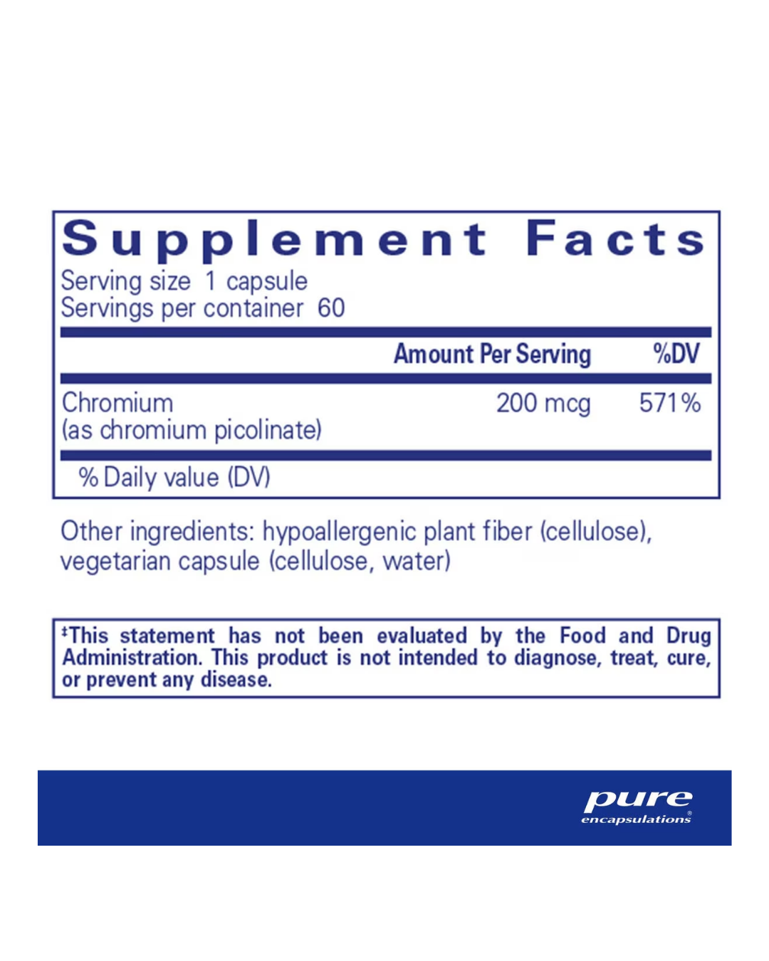 Pure Encapsulations Chromium picolinate 200 mcg label showing supplement facts and usage information