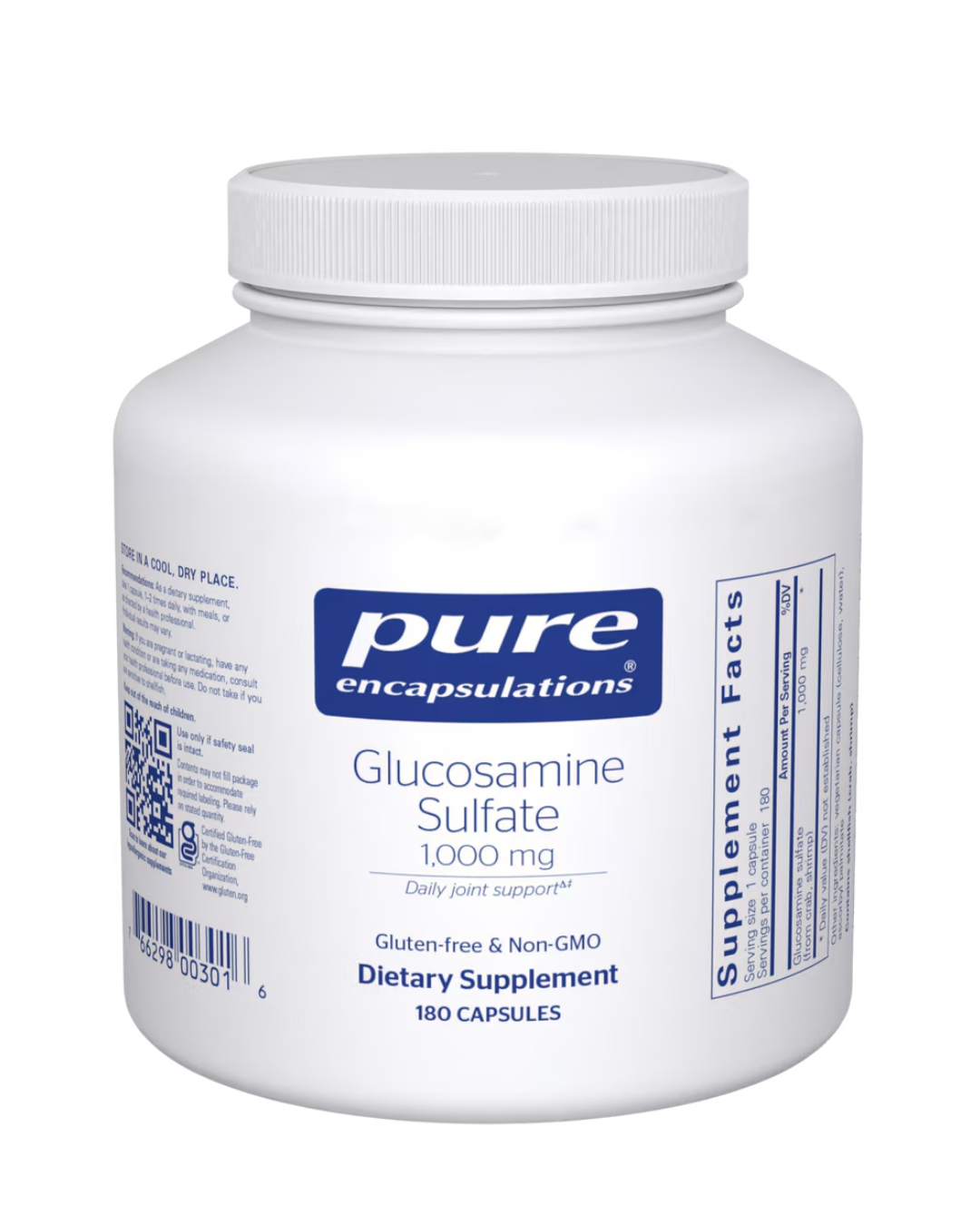 Pure Encapsulations Glucosamine Sulfate 1,000 mg label showing supplement facts and usage information