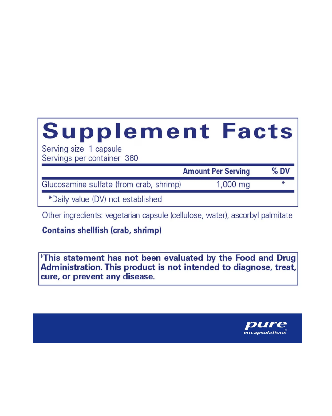 Pure Encapsulations Glucosamine Sulfate 1,000 mg label showing supplement facts and usage information