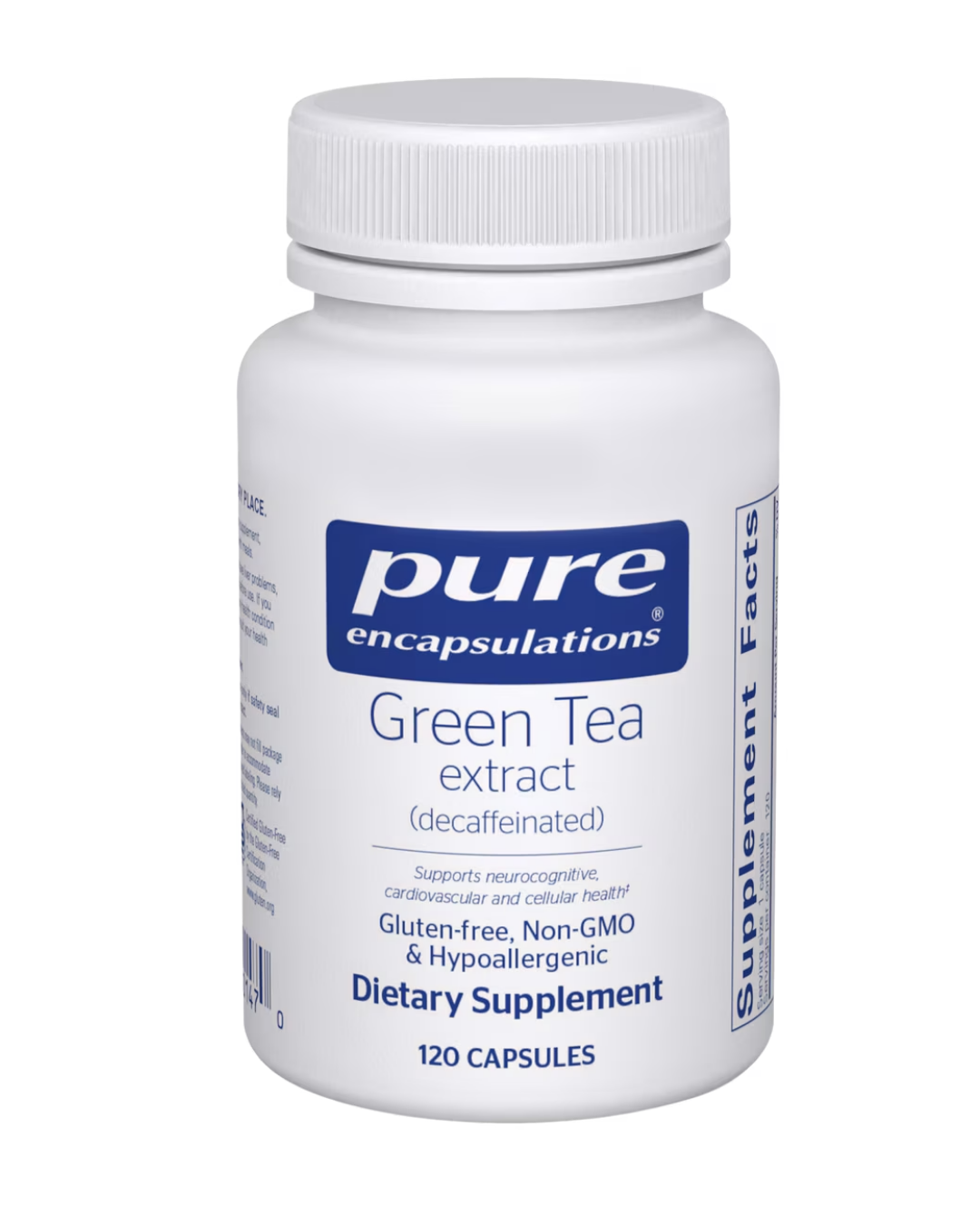 Pure Encapsulations Green Tea Extract decaffeinated label showing supplement facts and usage information