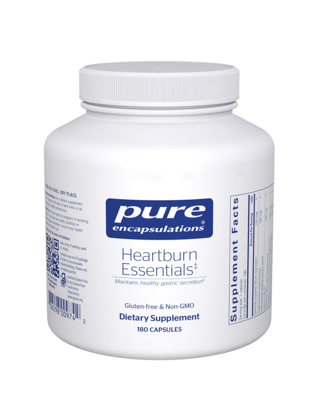 Pure Encapsulations Heartburn Essentials label showing supplement facts and usage information
