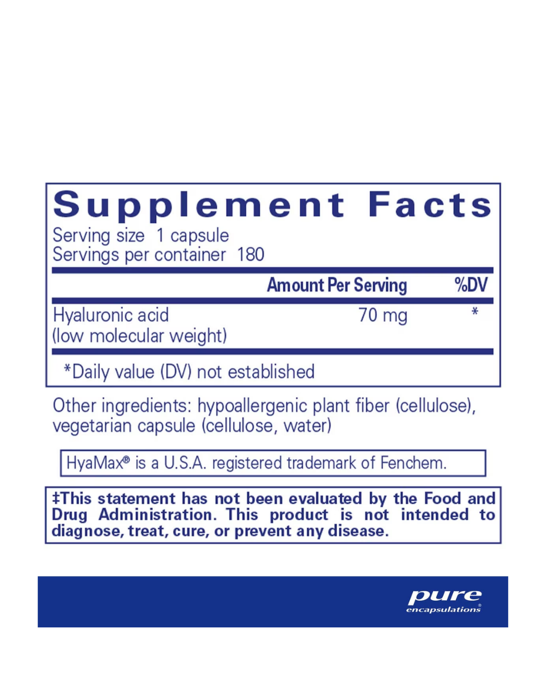 Pure Encapsulations Hyaluronic Acid supports skin hydration and joint comfort