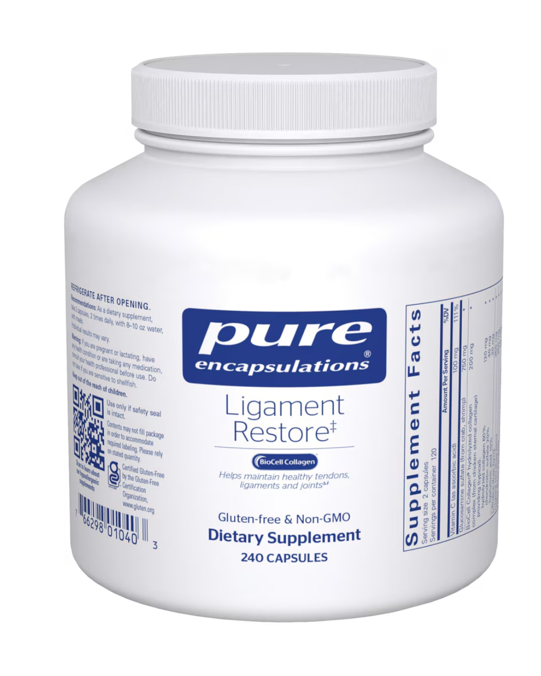 Pure Encapsulations Ligament Restore label showing supplement facts and usage information
