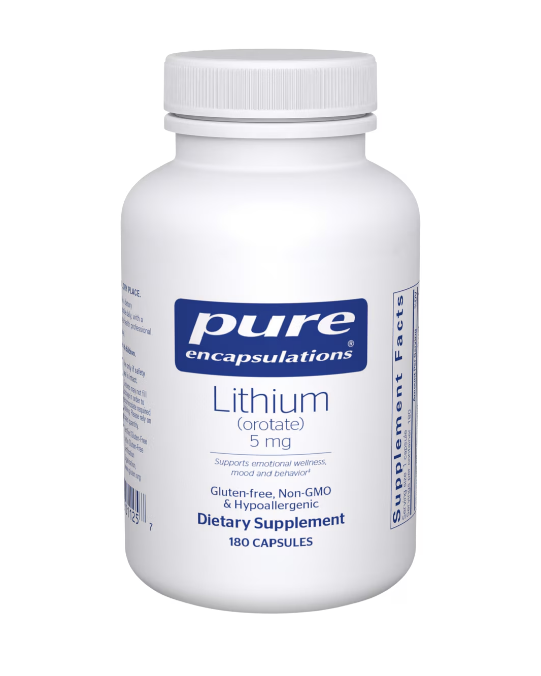 Pure Encapsulations Lithium orotate 5 mg label showing supplement facts and usage information