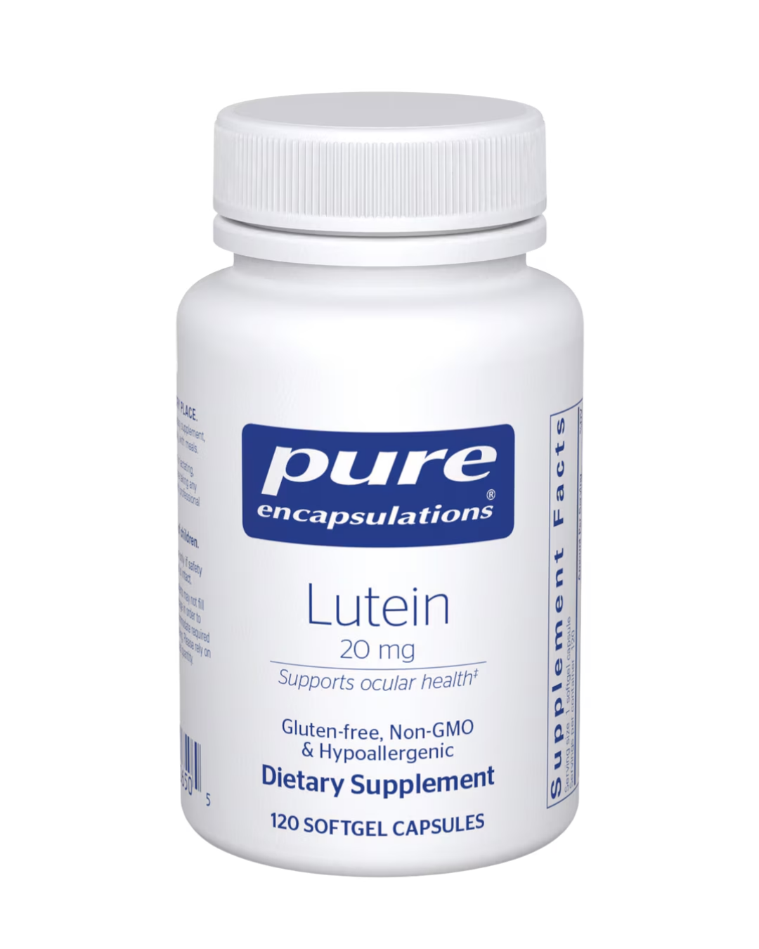 Pure Encapsulations Lutein 20 mg label showing supplement facts and usage information
