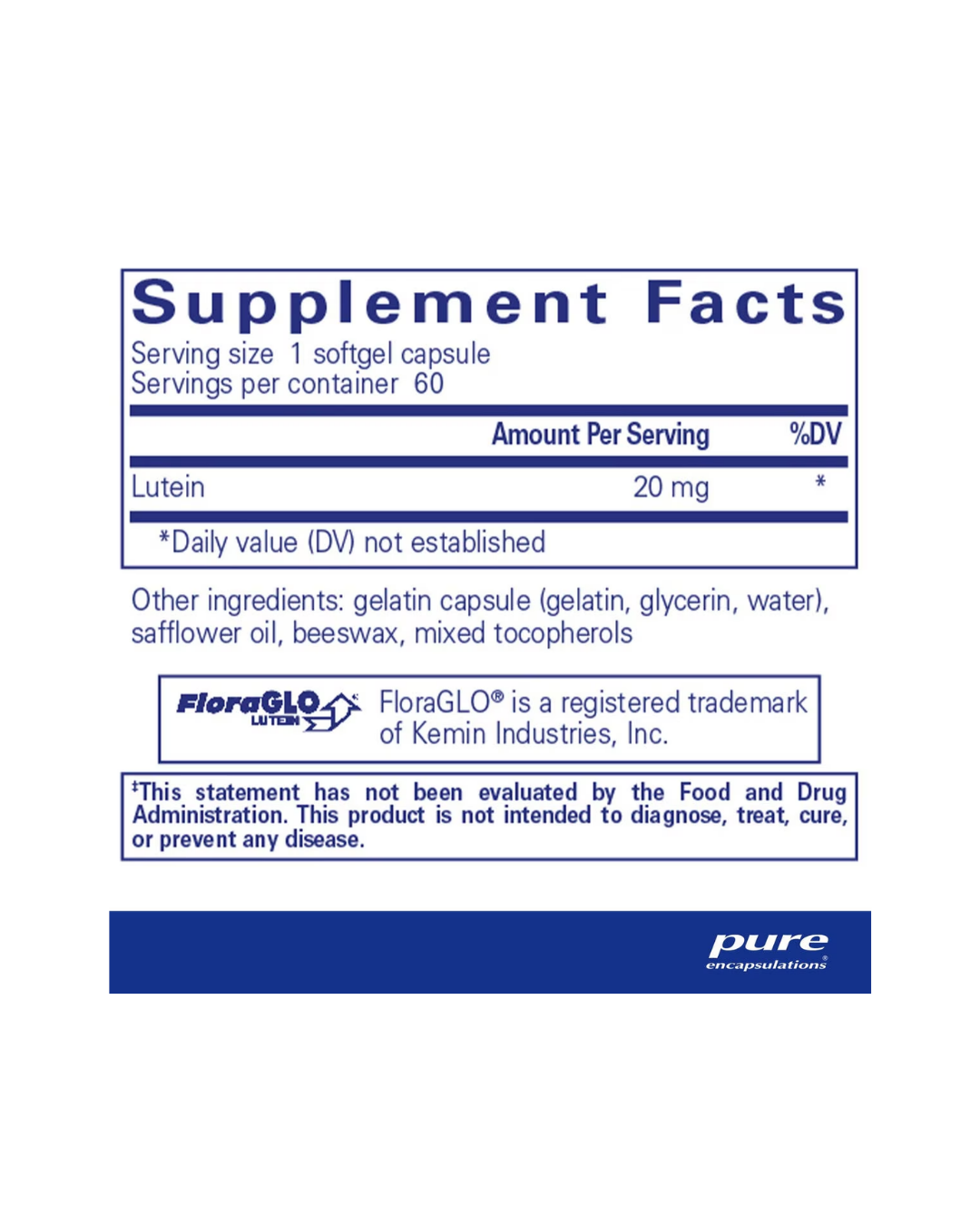 Pure Encapsulations Lutein 20 mg supplement bottle label image