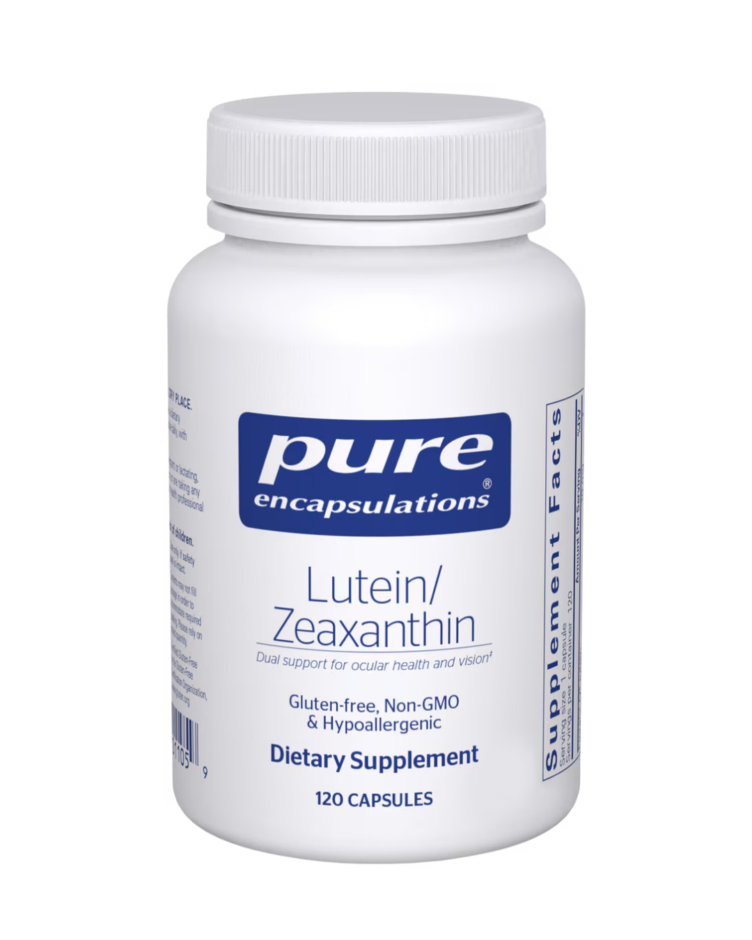 Pure Encapsulations Lutein Zeaxanthin label showing supplement facts and usage information