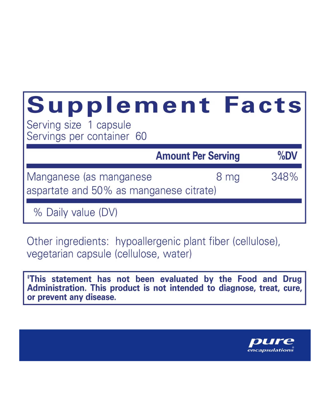 Pure Encapsulations Manganese aspartate citrate supplement bottle label image