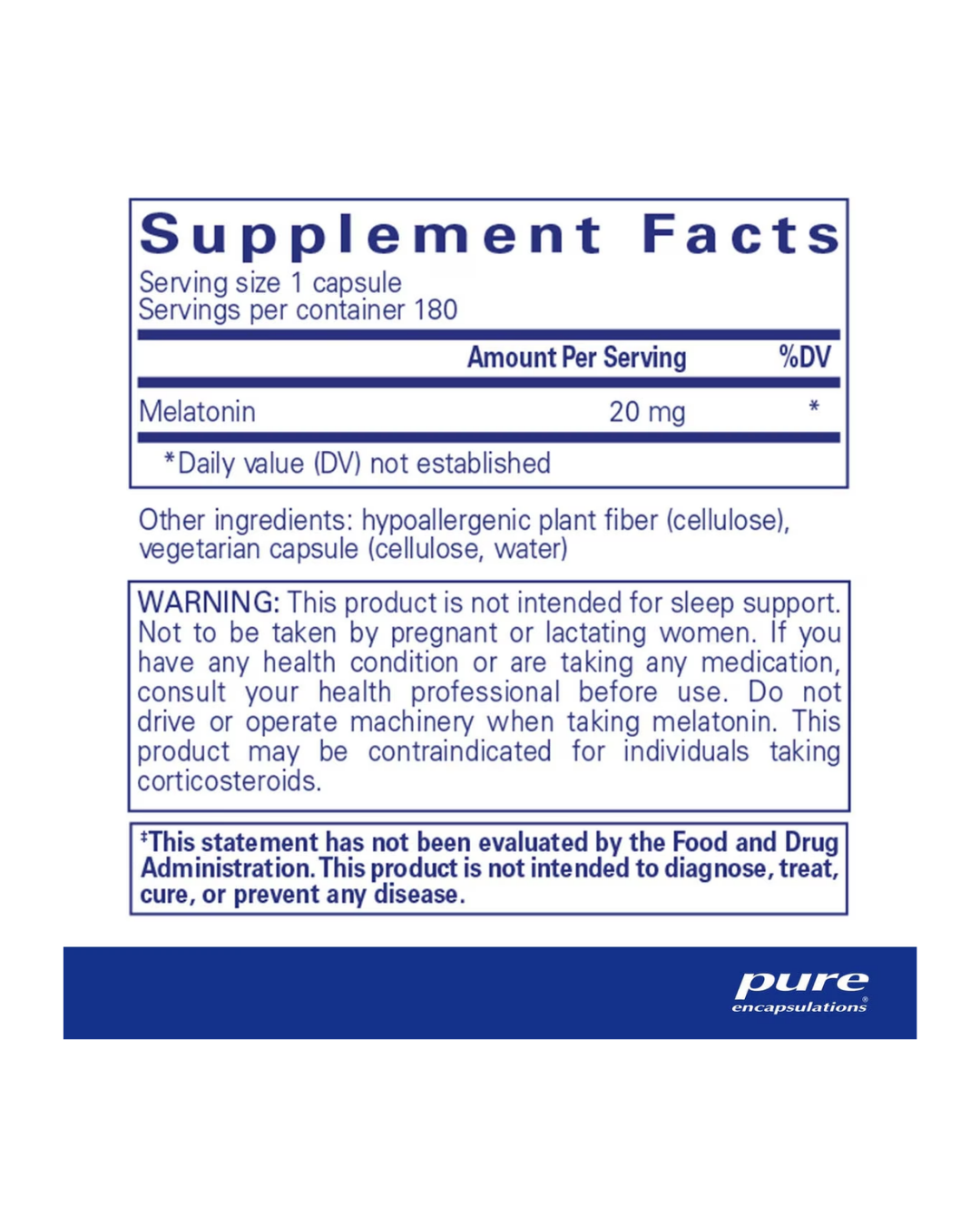 Pure Encapsulations Melatonin 20 mg supplement bottle packaging