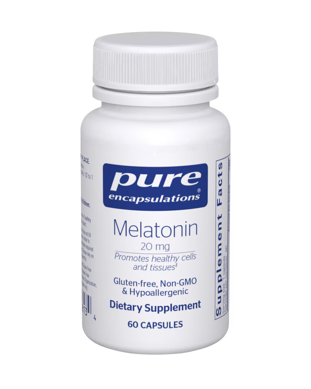 Pure Encapsulations Melatonin 20 mg label showing supplement facts and usage information