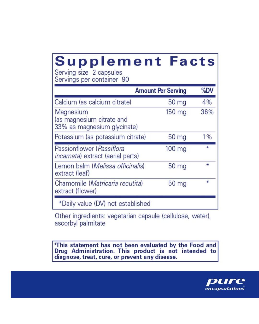 Pure Encapsulations Muscle Cramp Tension Formula label showing supplement facts and usage information