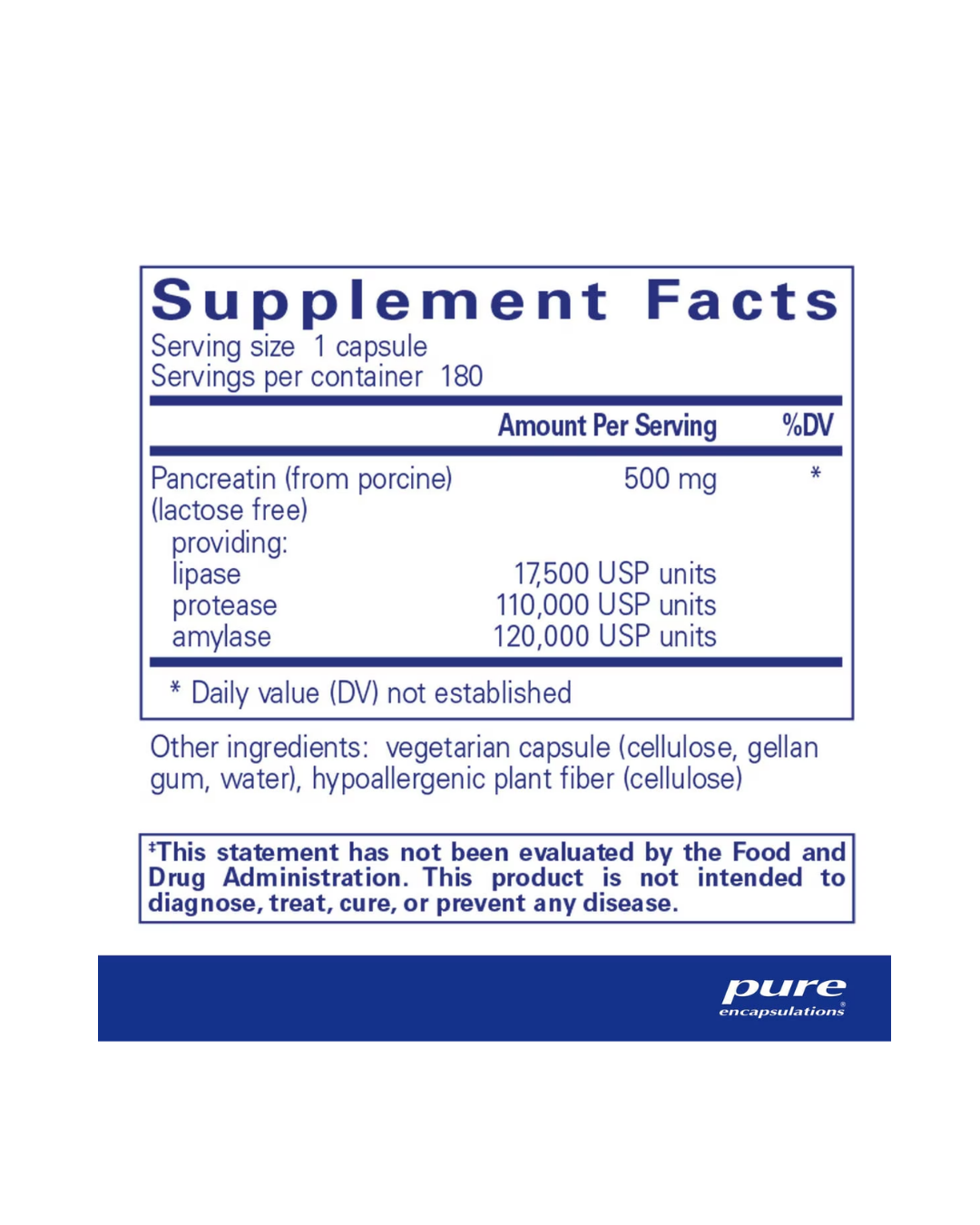 Pure Encapsulations Pancreatic Enzyme Formula supplement bottle label