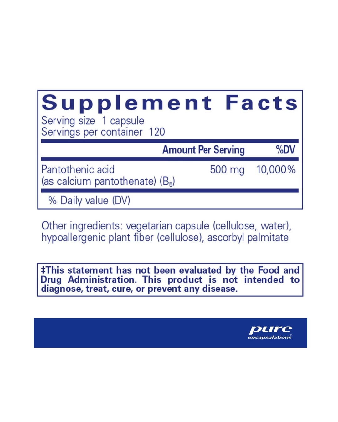 Pure Encapsulations Pantothenic Acid supplement bottle label packaging