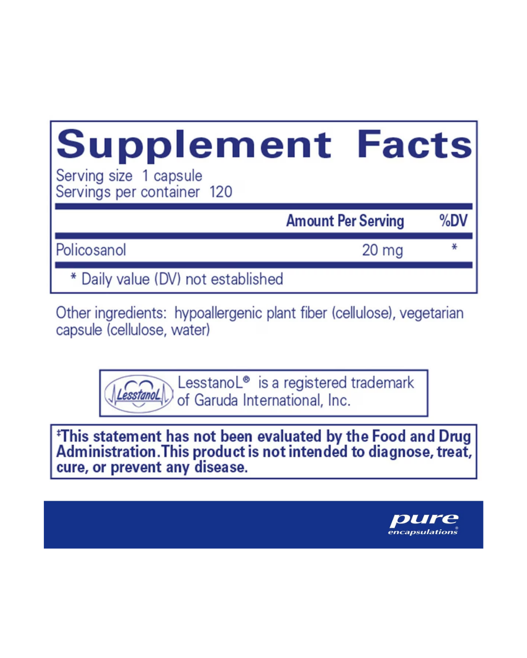 Pure Encapsulations Policosanol 20 mg supplement bottle packaging