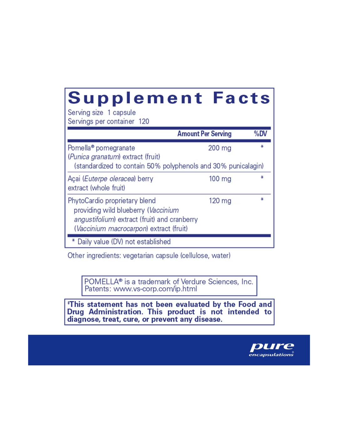 Pure Encapsulations Pomegranate Plus supplement packaging label