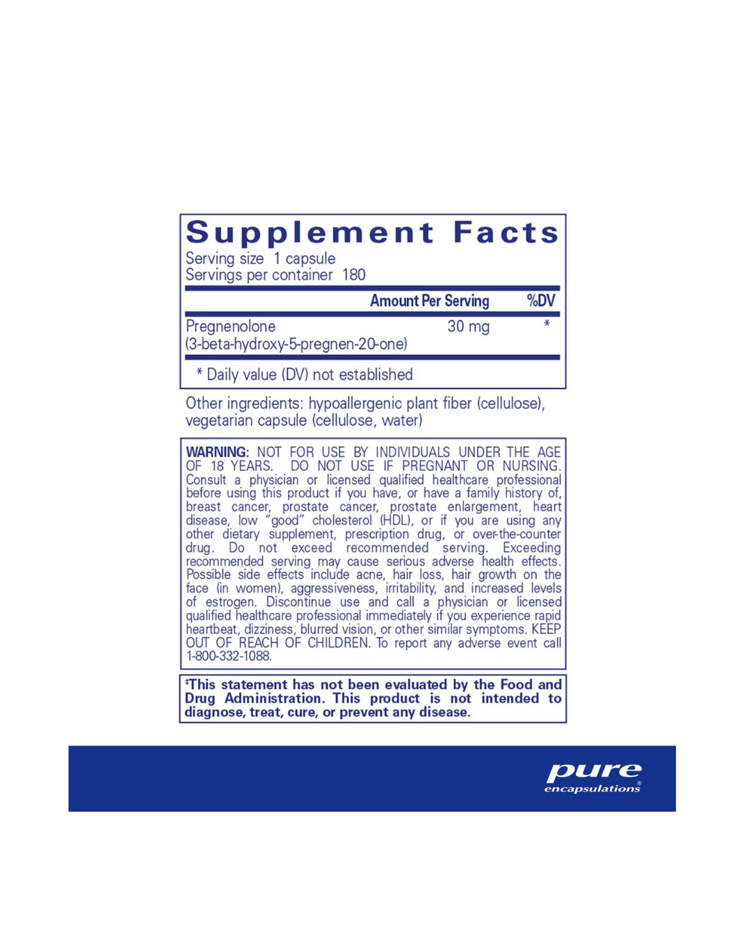 Pure Encapsulations Pregnenolone 30 mg supplement bottle label image