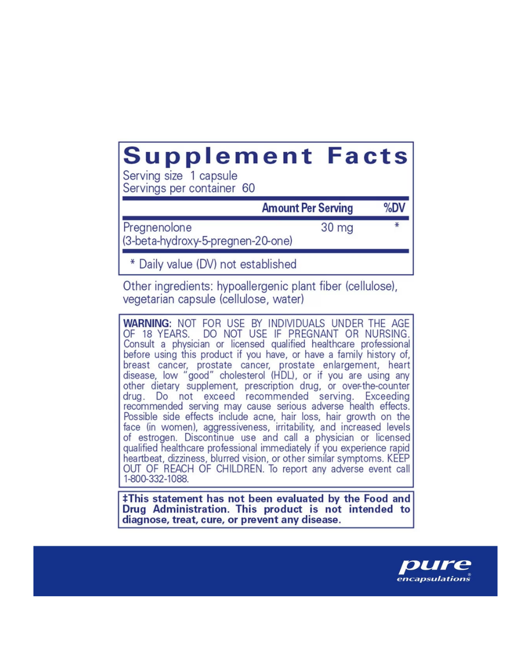 Pure Encapsulations Pregnenolone 30 mg supplement bottle label image