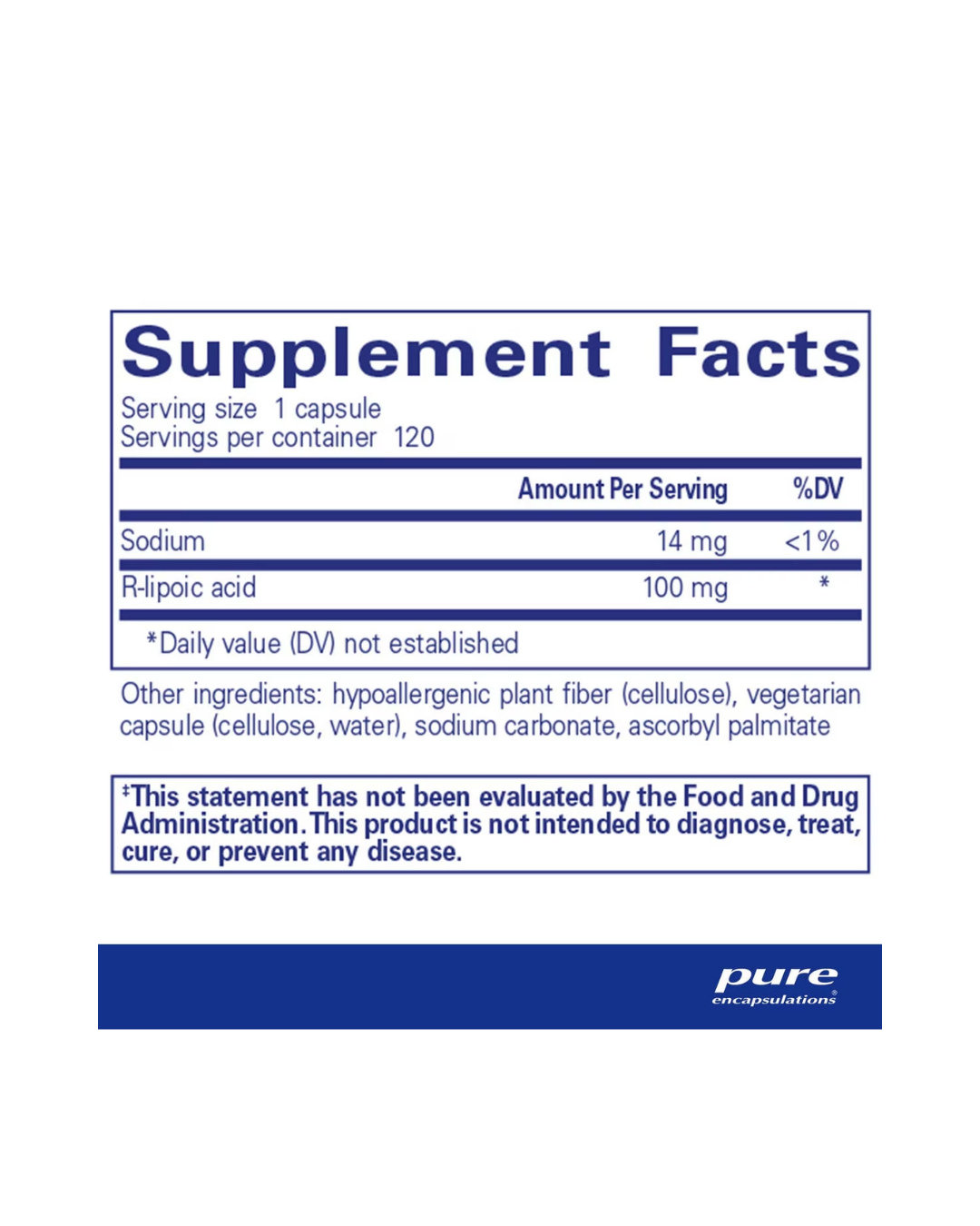 Pure Encapsulations R-Lipoic Acid supplement bottle packaging image