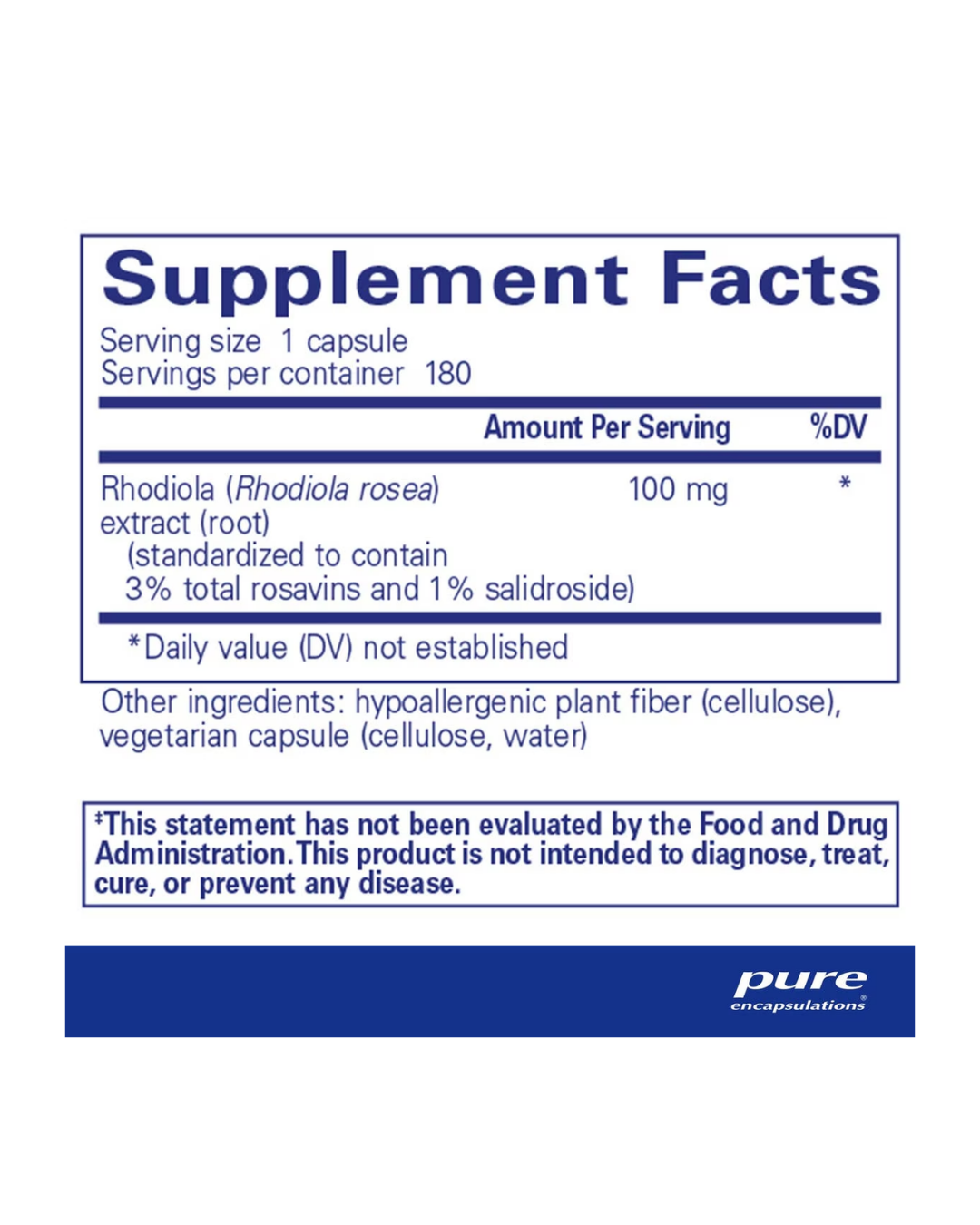 Pure Encapsulations Rhodiola Rosea label showing supplement facts and usage information
