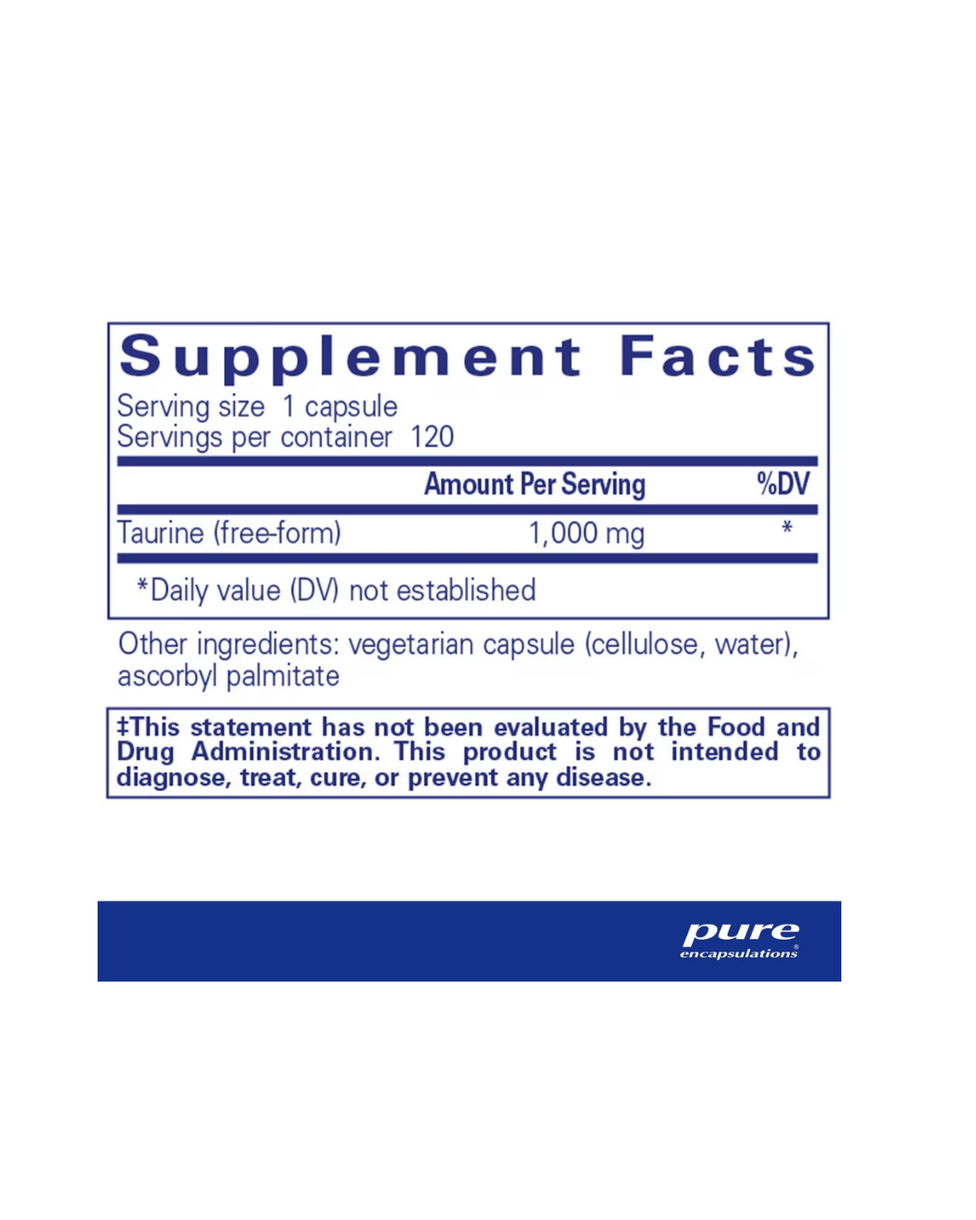 Pure Encapsulations Taurine 1,000 mg supplement bottle front packaging design