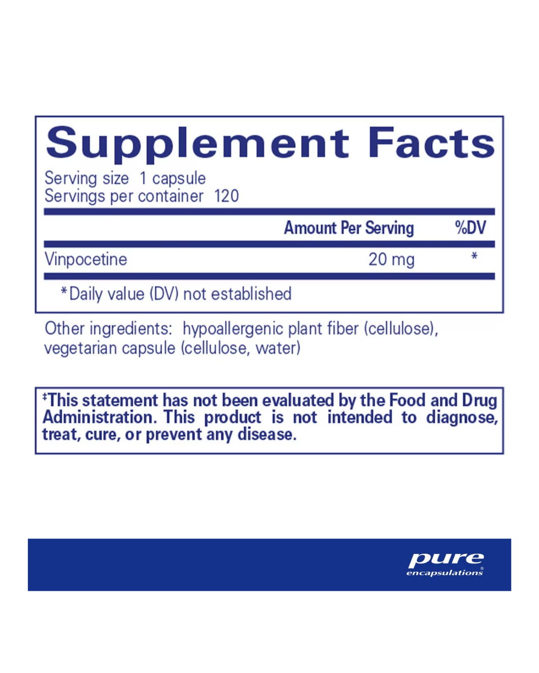 Pure Encapsulations Vinpocetine 20 mg label showing supplement facts and usage information