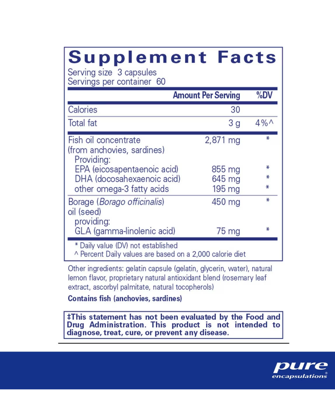 Pure Encapsulations VisionPro EPA DHA GLA label showing supplement facts and usage information