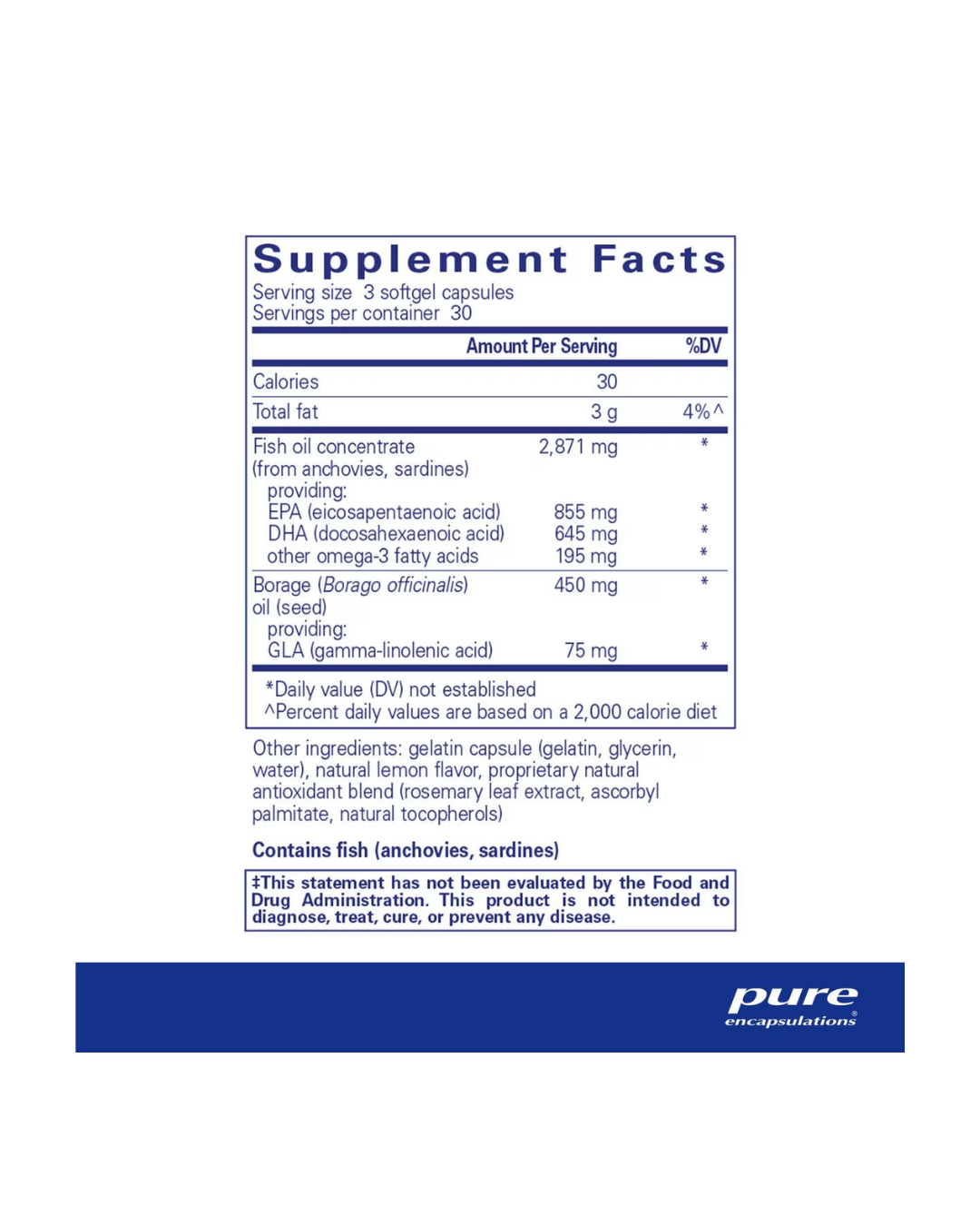 Pure Encapsulations VisionPro EPA DHA GLA label showing supplement facts and usage information