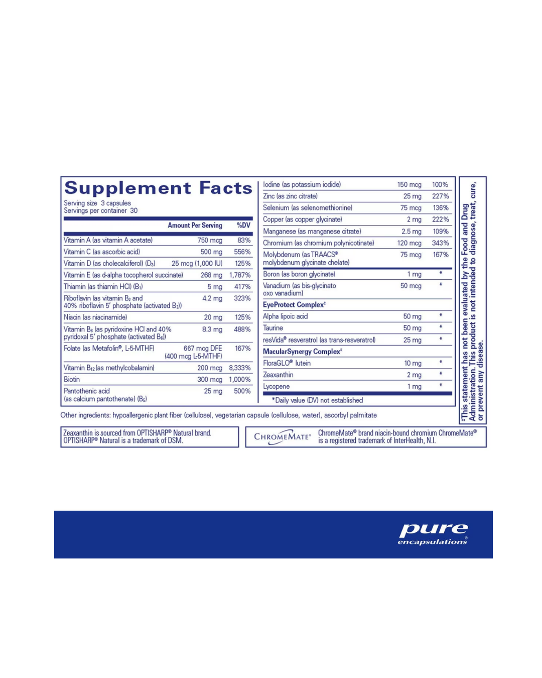Pure Encapsulations VisionPro Nutrients label showing supplement facts and usage information