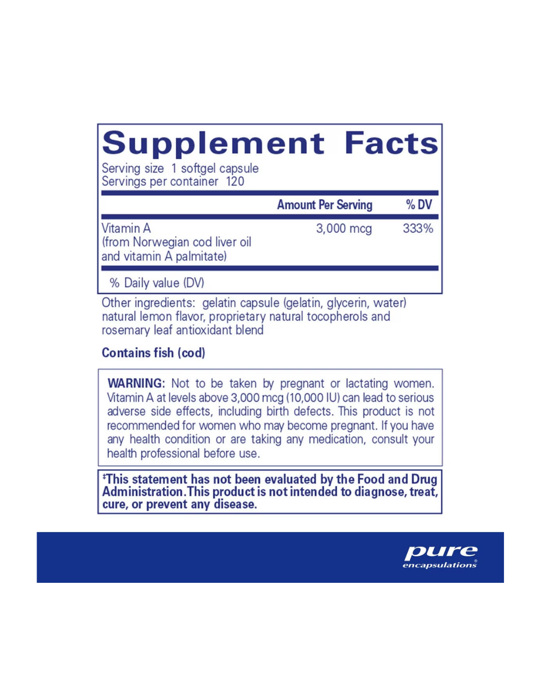 Pure Encapsulations Vitamin A 3,000 mcg (10,000 IU) label showing supplement facts and usage information