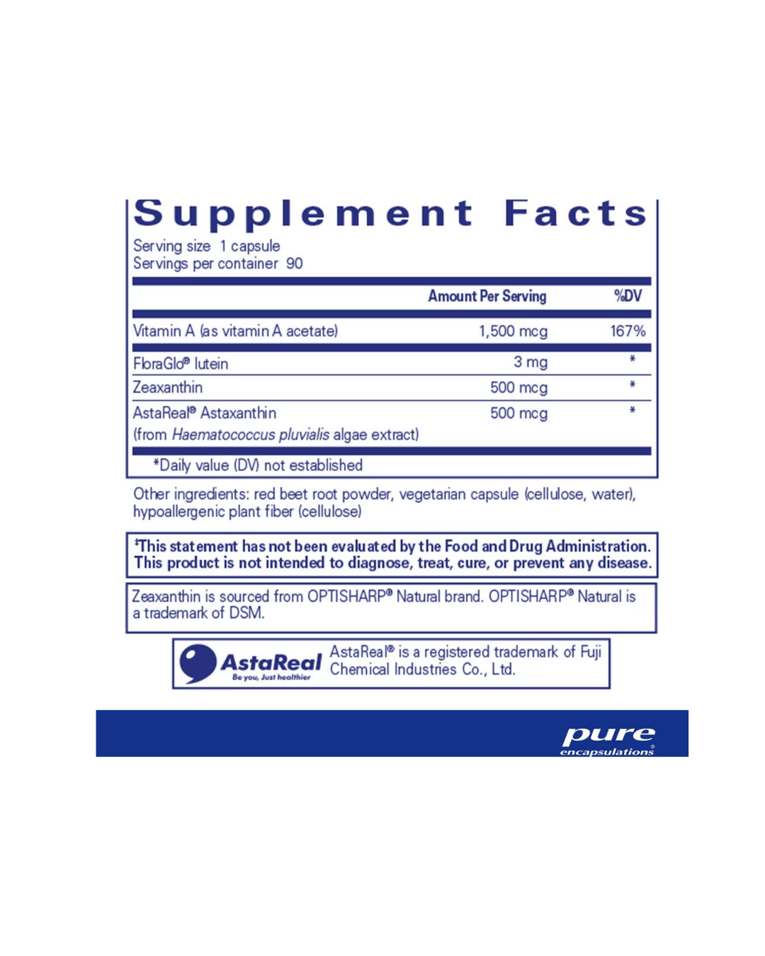 Pure Encapsulations Vitamin A + Carotenoids label showing supplement facts and usage information