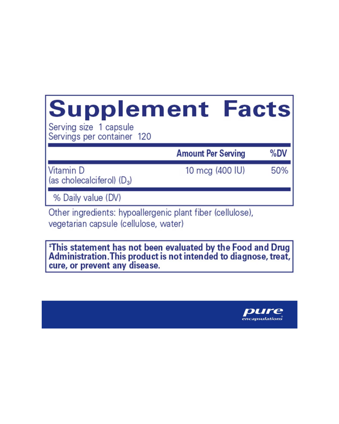 Pure Encapsulations Vitamin D3 400 IU label showing supplement facts and usage information