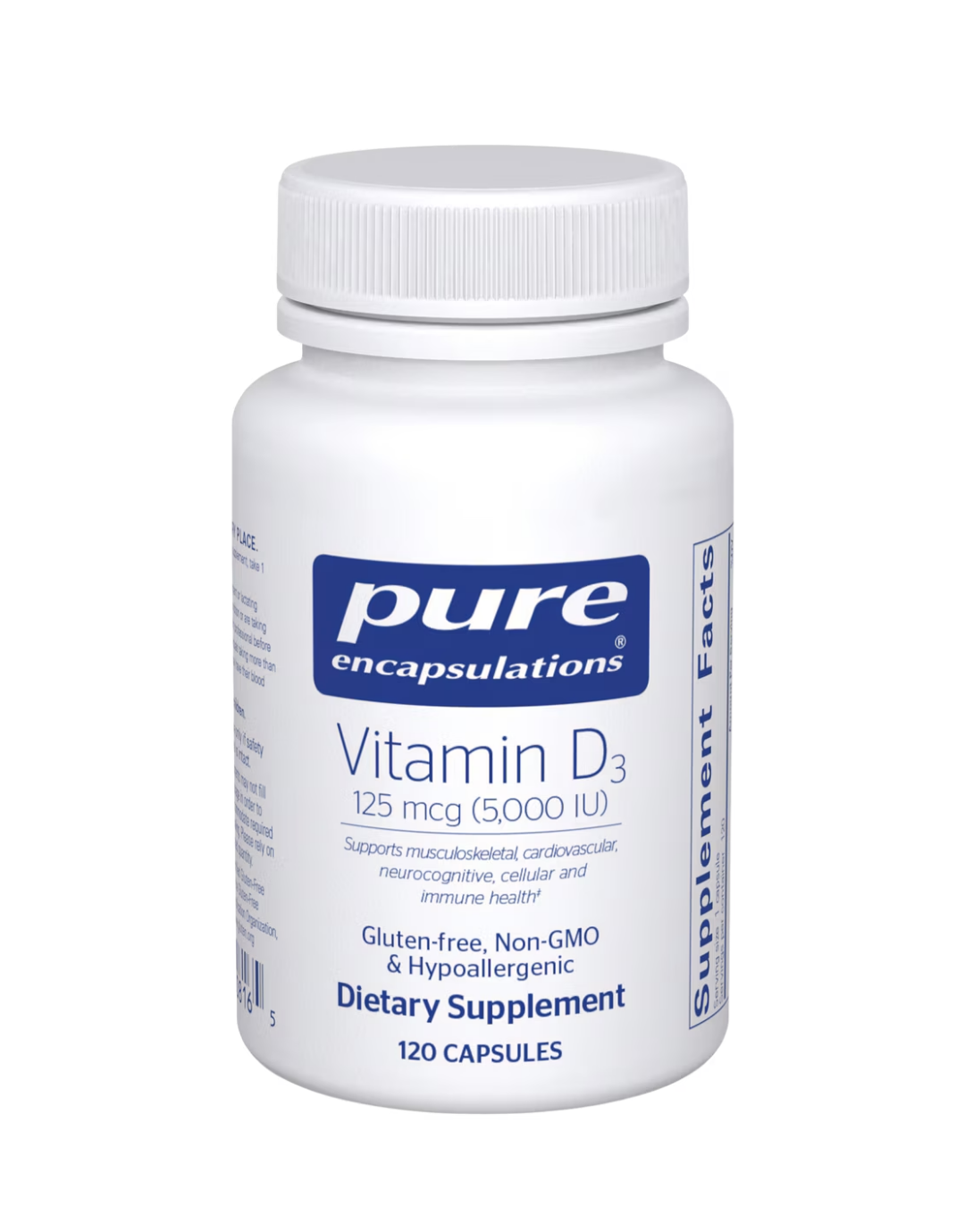 Pure Encapsulations Vitamin D3 5000 IU label showing supplement facts and usage information