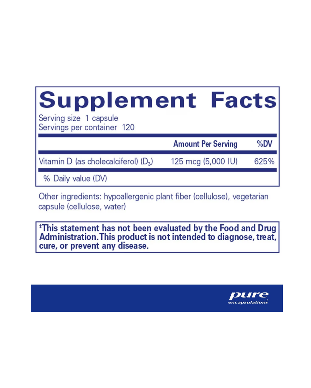 Pure Encapsulations Vitamin D3 5000 IU label showing supplement facts and usage information