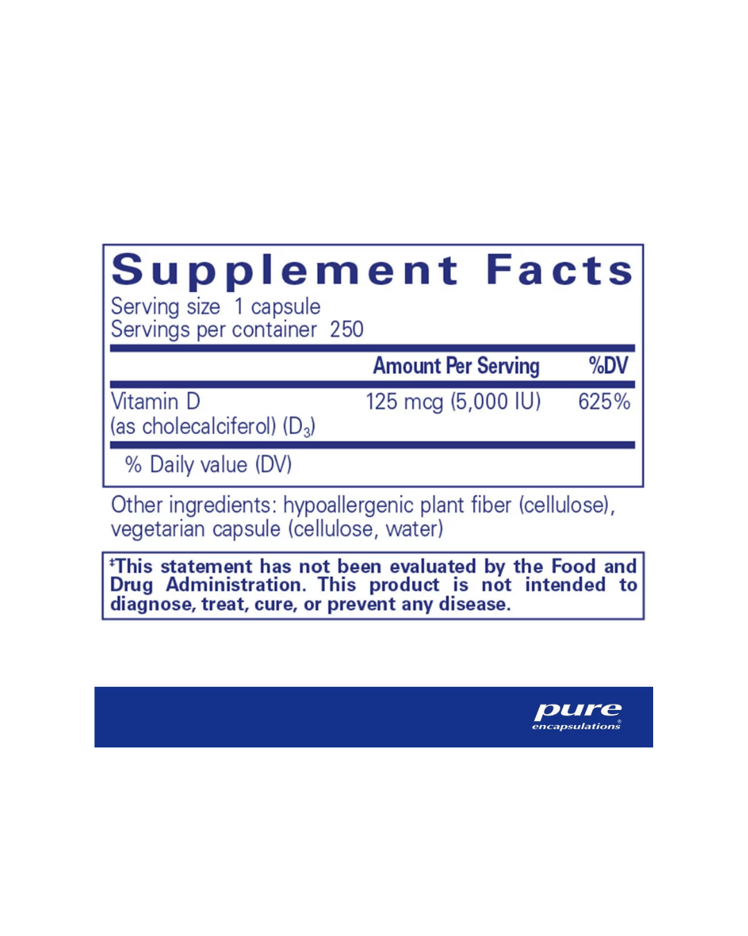 Pure Encapsulations Vitamin D3 5000 IU label showing supplement facts and usage information