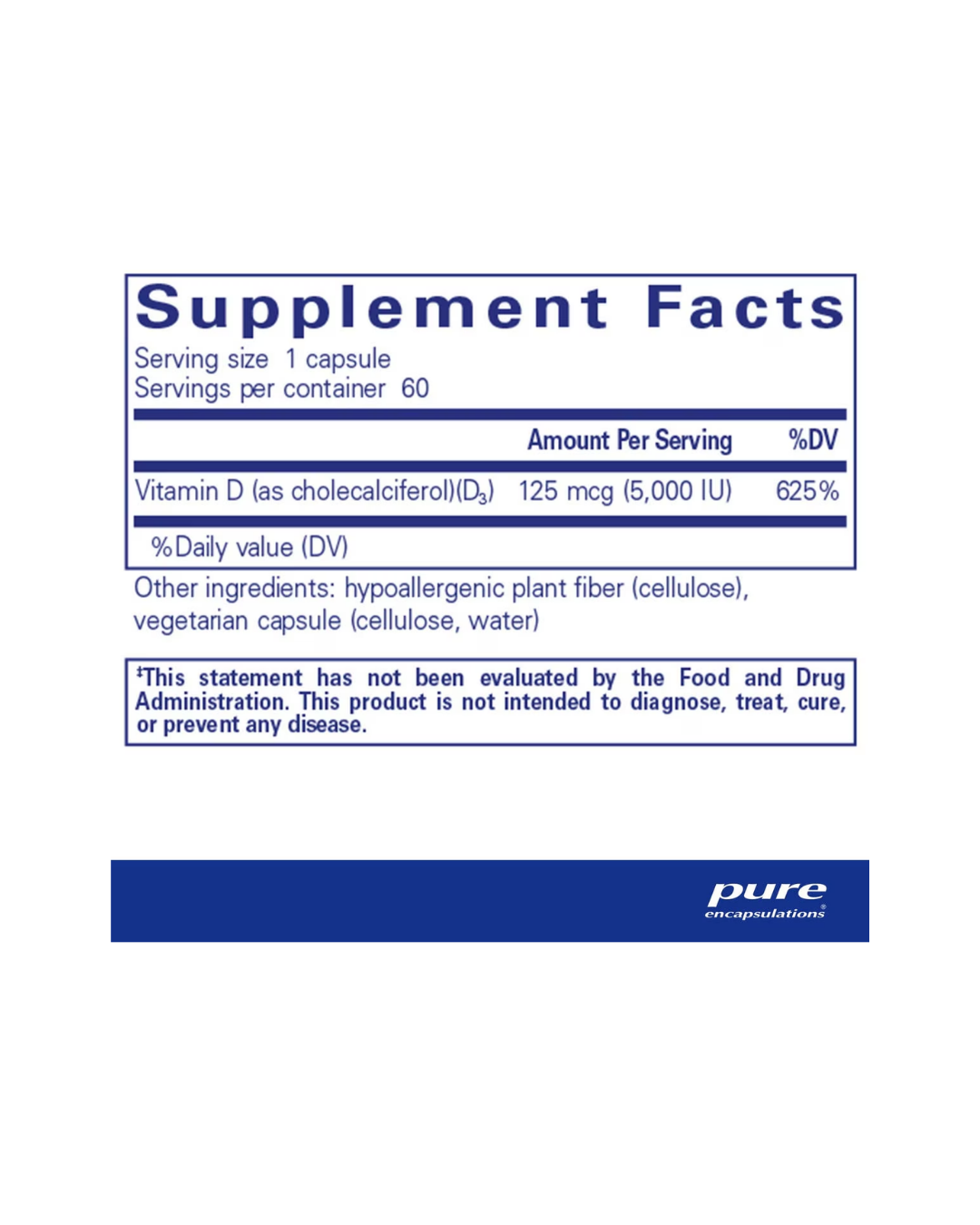 Pure Encapsulations Vitamin D3 5000 IU label showing supplement facts and usage information
