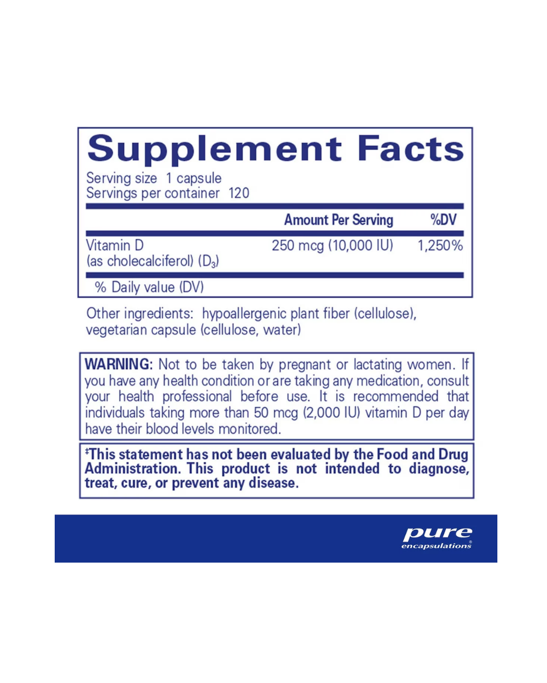 Pure Encapsulations Vitamin D3 10000 IU label showing supplement facts and usage information