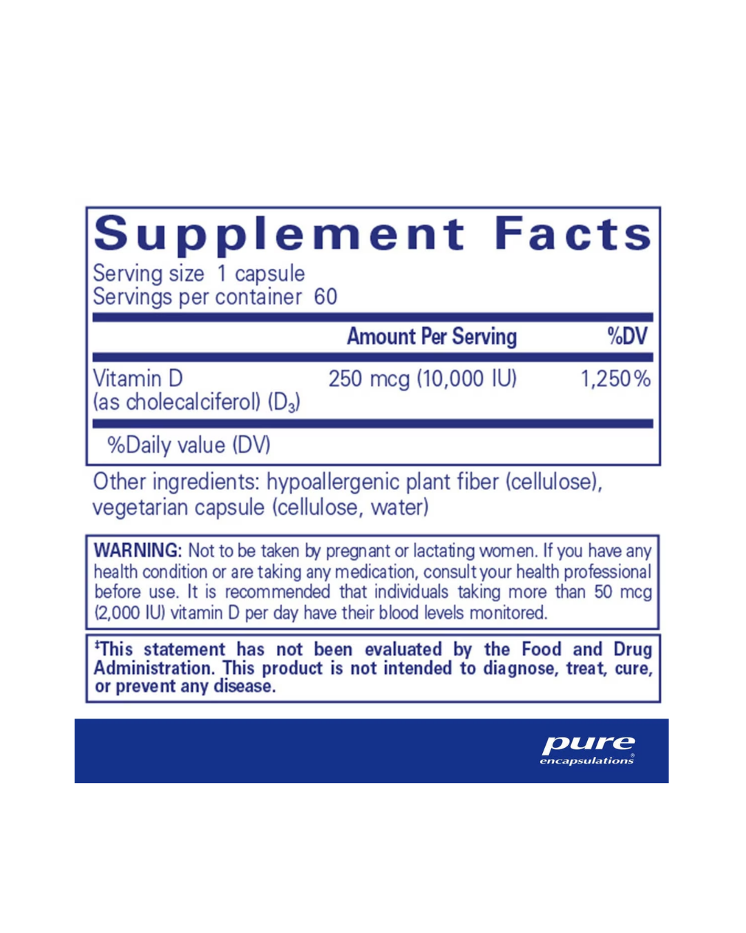 Pure Encapsulations Vitamin D3 10000 IU label showing supplement facts and usage information
