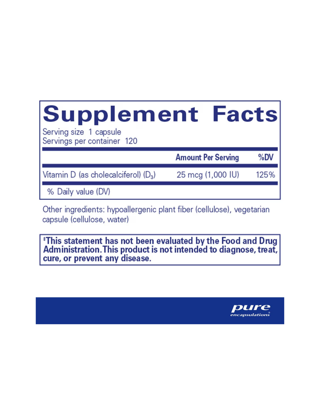 Pure Encapsulations Vitamin D3 5000 IU label showing supplement facts and usage information